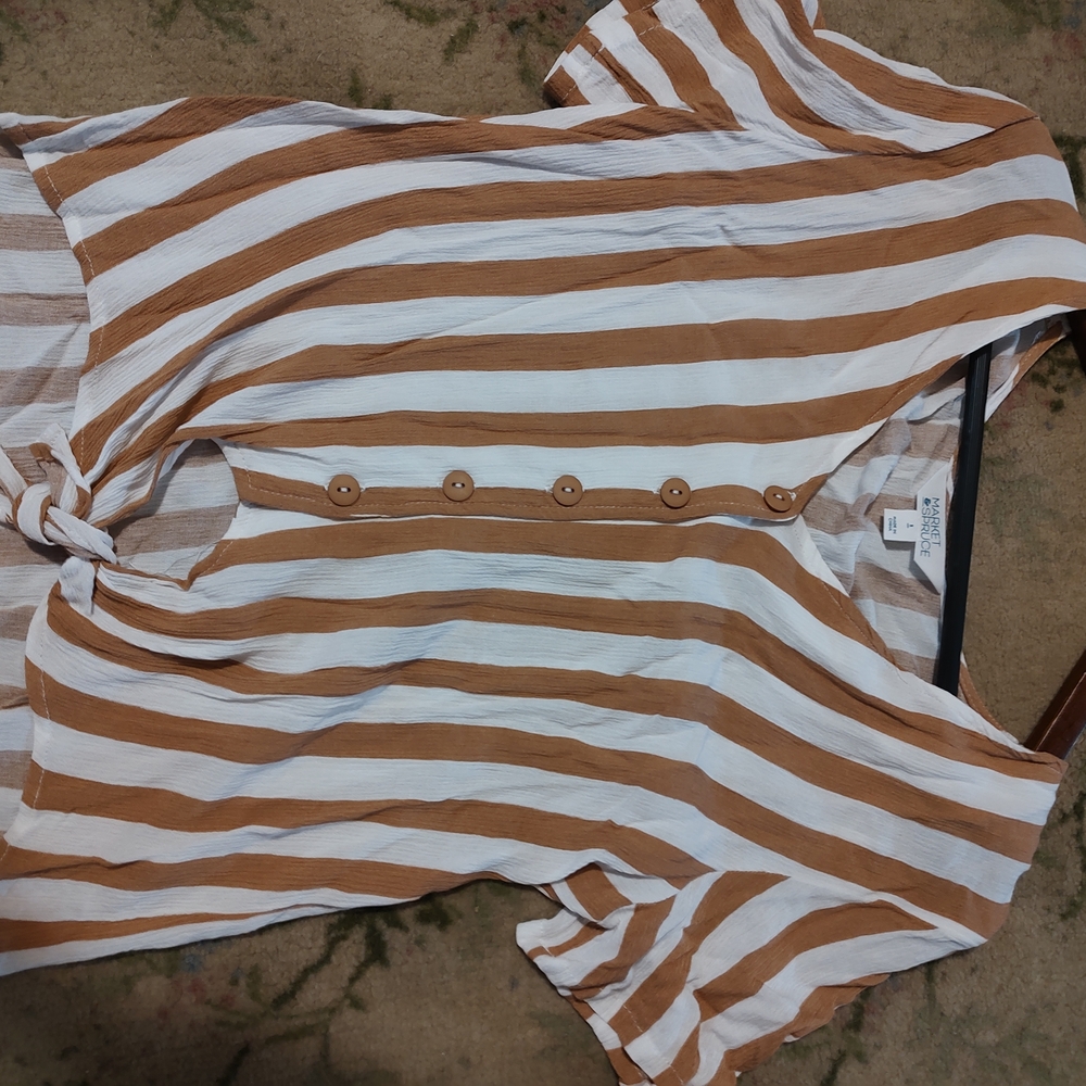 Marks & Spencer White and Tan Short Sleeve Button Down Shirt